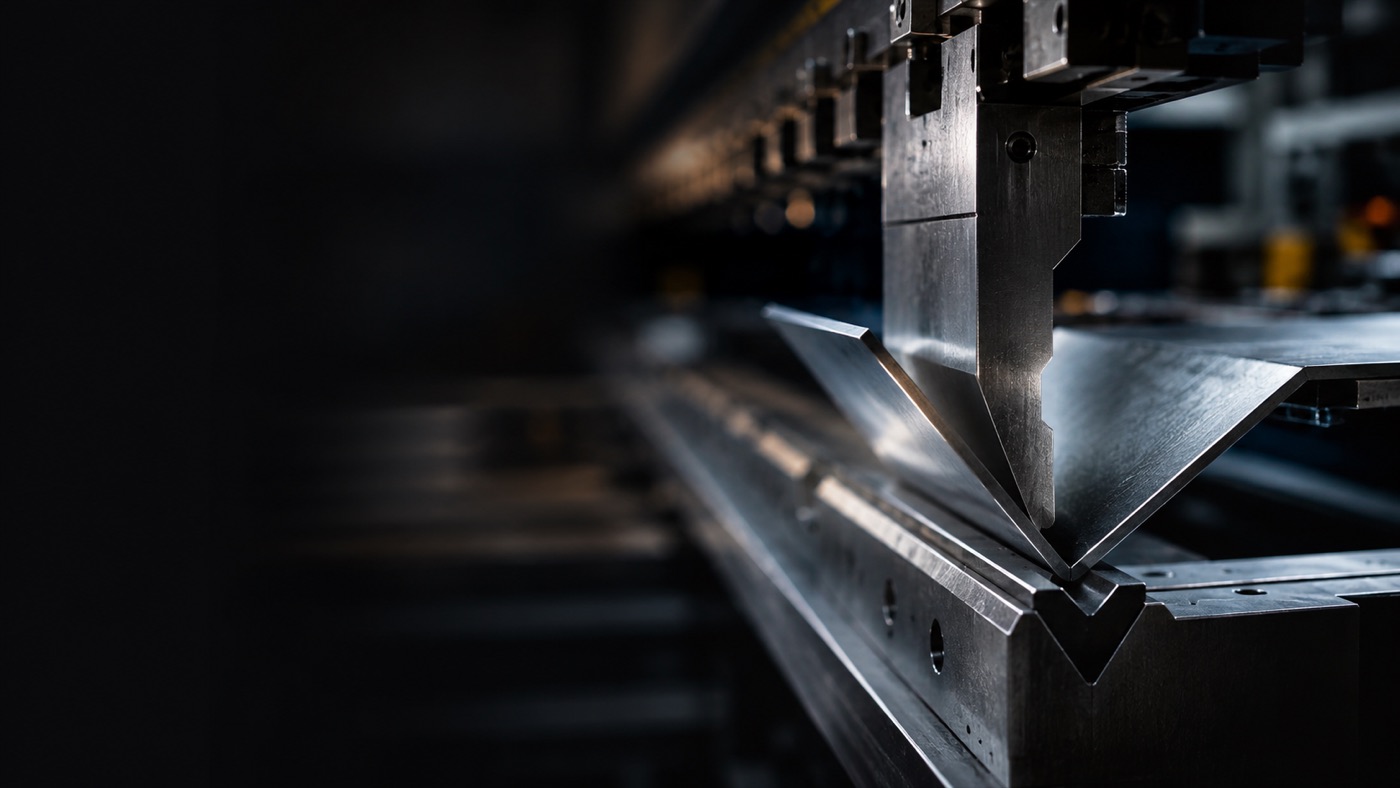 Press brake tooling folding a sheet of steel to a sharp bend
