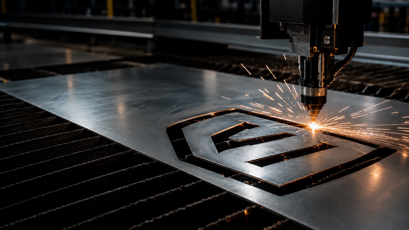 CNC laser cutting head cutting a pattern into a steel sheet, sparks flying