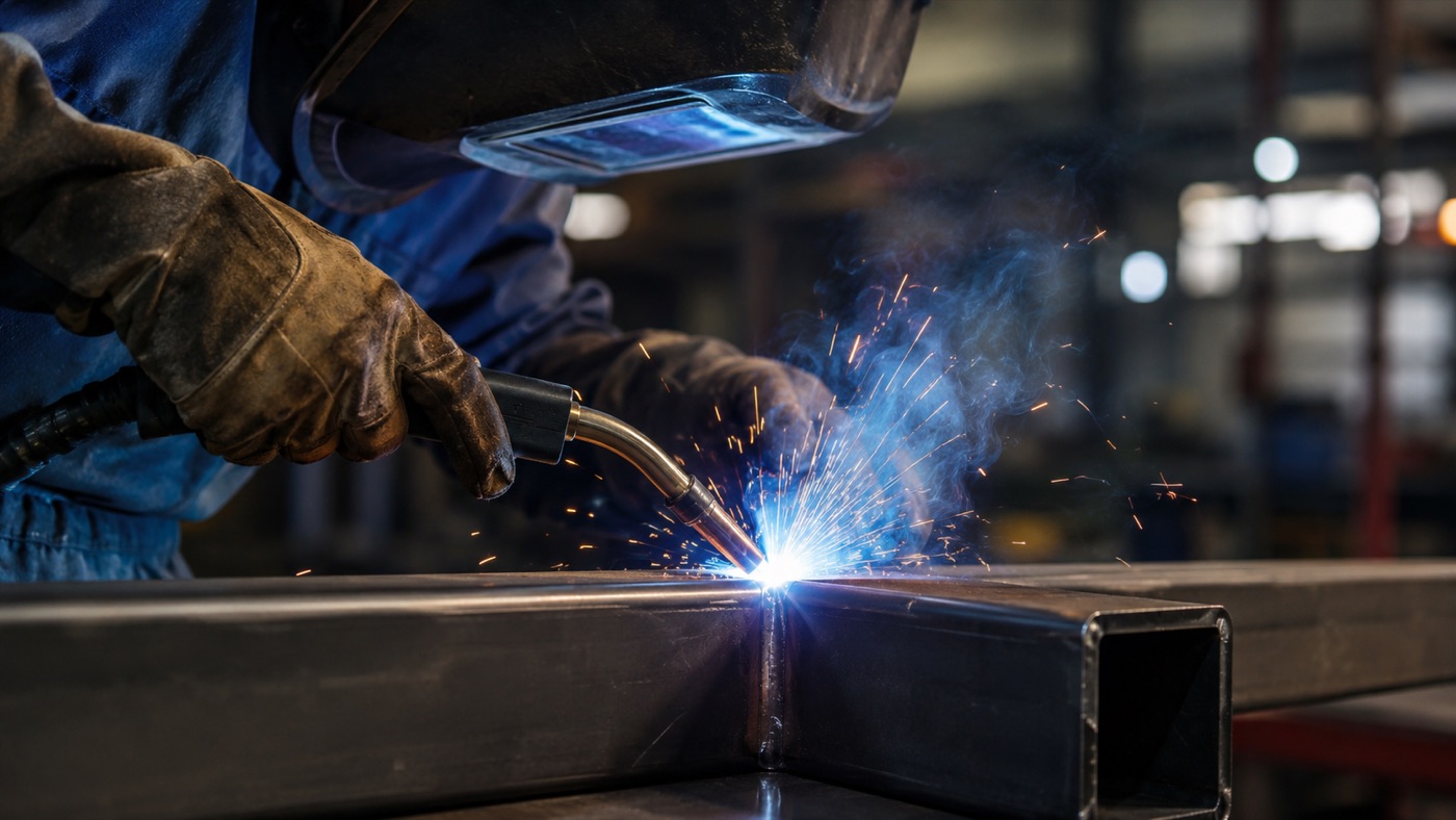 Welder MIG welding a steel box-section frame in the workshop