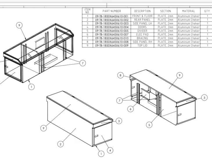 CAD model of the toolbox drawn up from the sketch