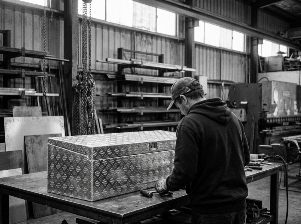 Aluminium checkerplate toolbox being built on the bench in the Urban Toolboxes workshop
